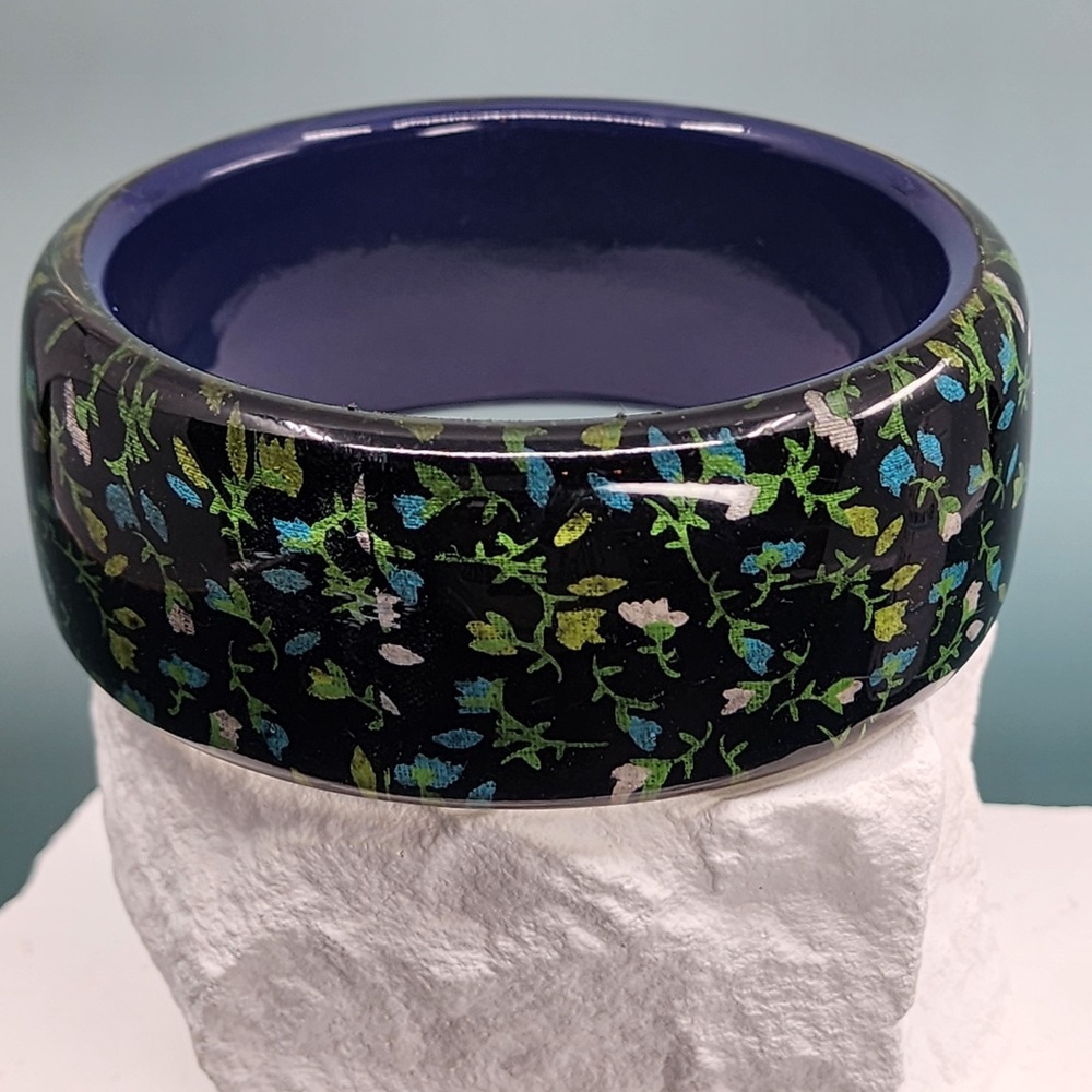 Black Floral Wide Bangle Bracelet Blue Green White Purple Acrylic Resin Boho